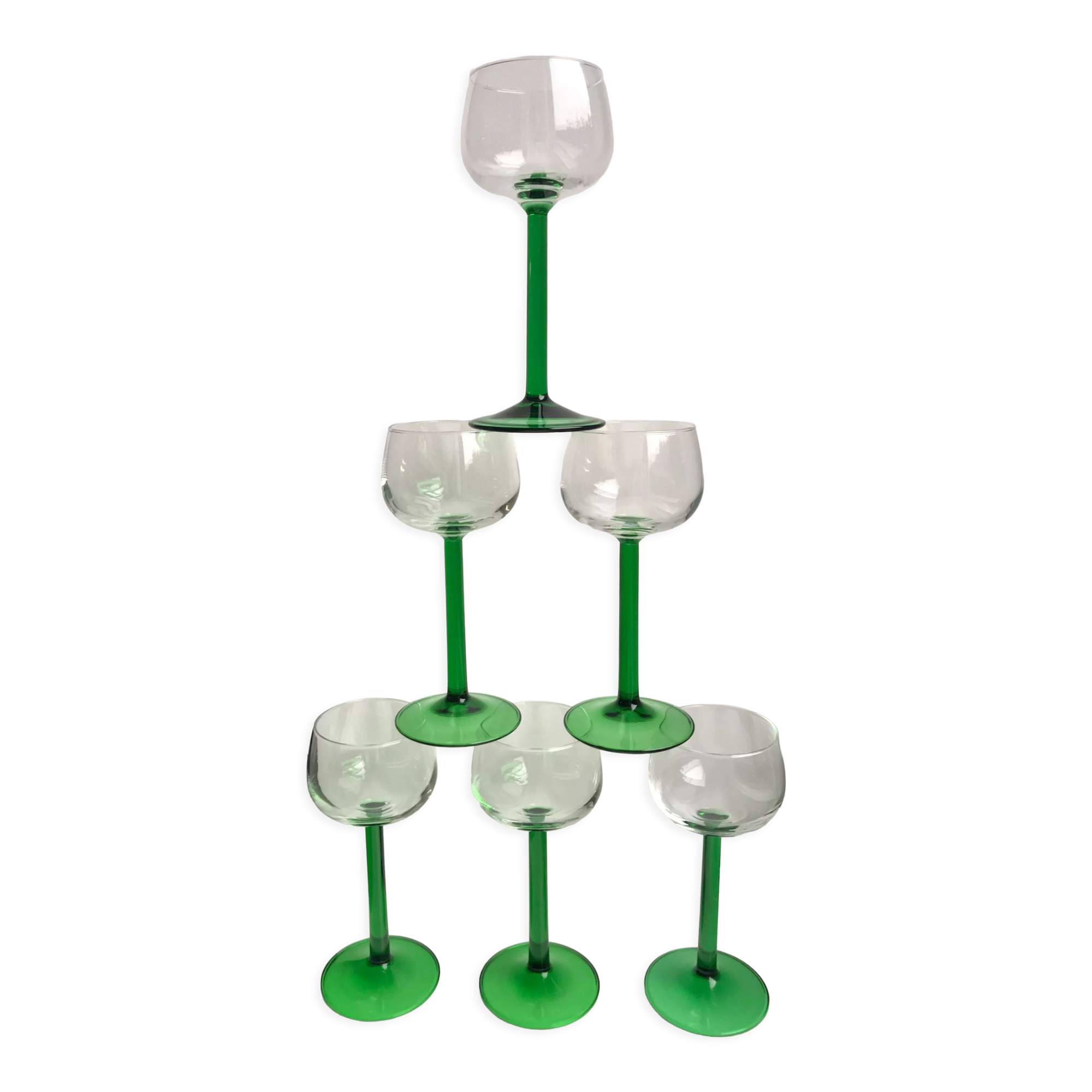 Set of 6 green white wine glasses made in France 60s-70s