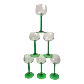 Set of 6 green white wine glasses made in France 60s-70s