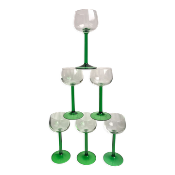 Set of 6 green white wine glasses made in France 60s-70s