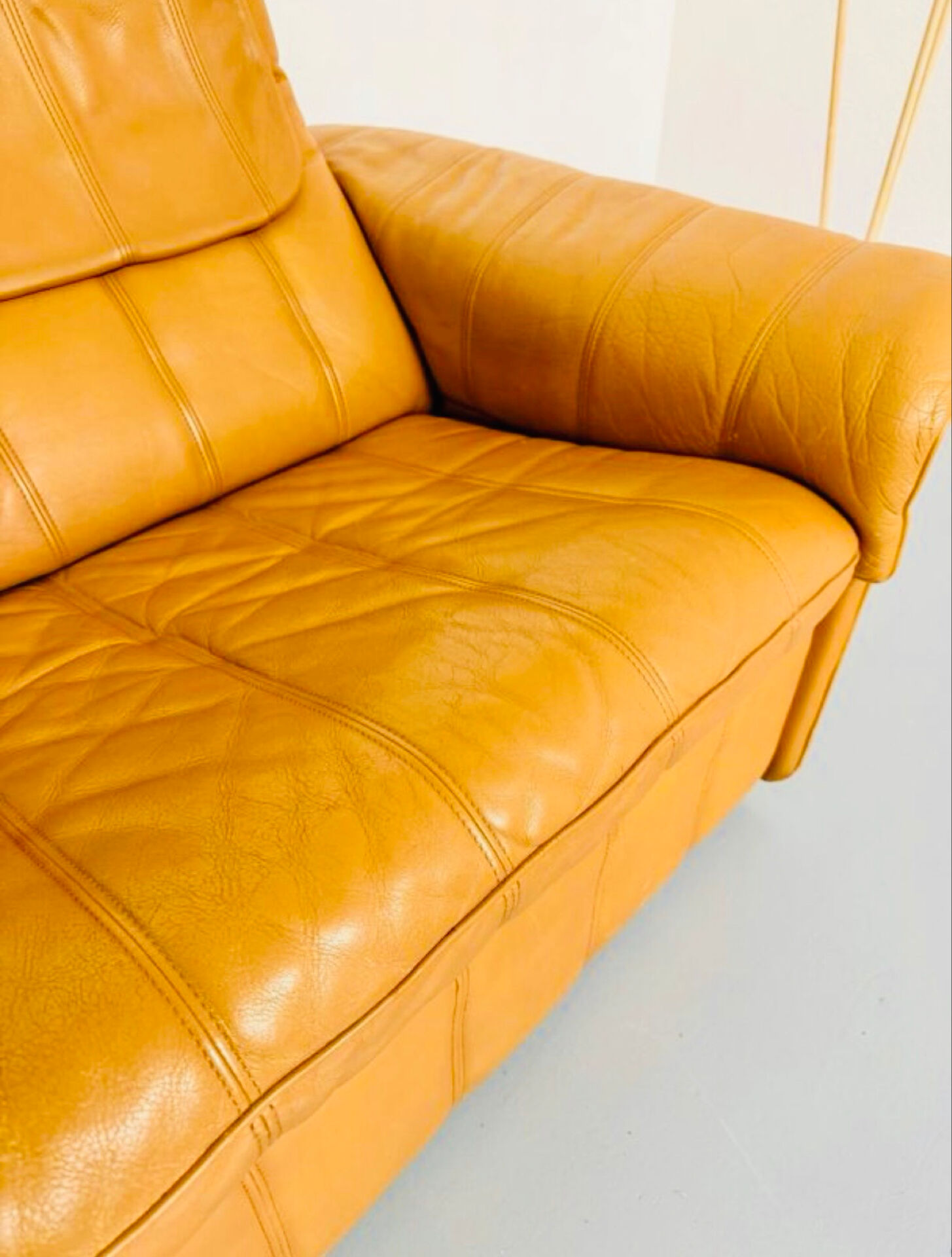 Vintage 70s thick cognac leather 2-seater sofa by De Sede.