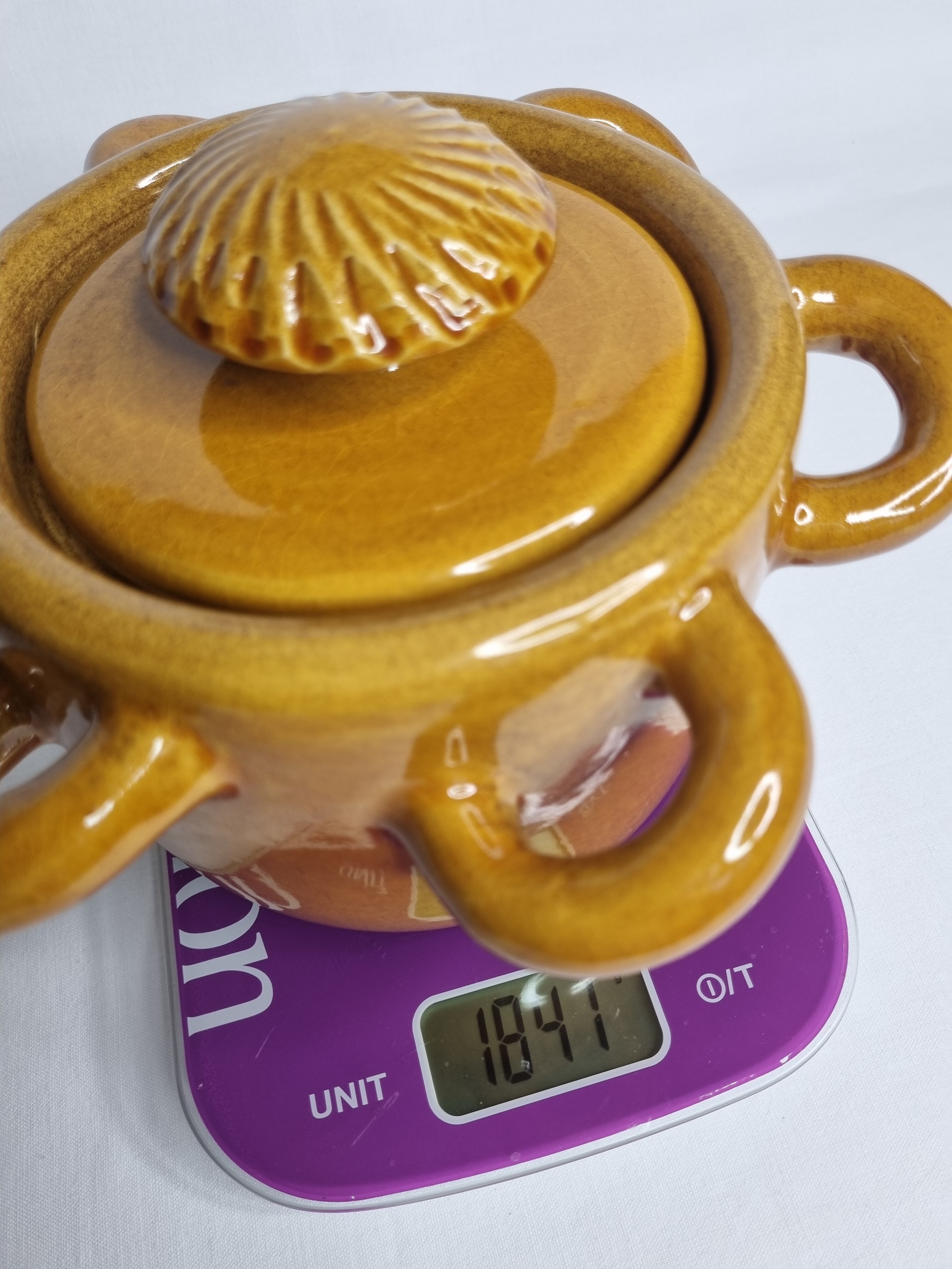 Vintage ceramic pot, ochre, with 8 handles