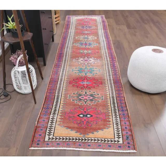 Vintage Turkish Oushak Handmade Wool Cotton Red Runner 87x369