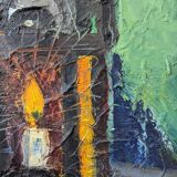 1959 Peinture à l’huile vintage suédoise moderne  « Nature morte avec lampe », encadrée