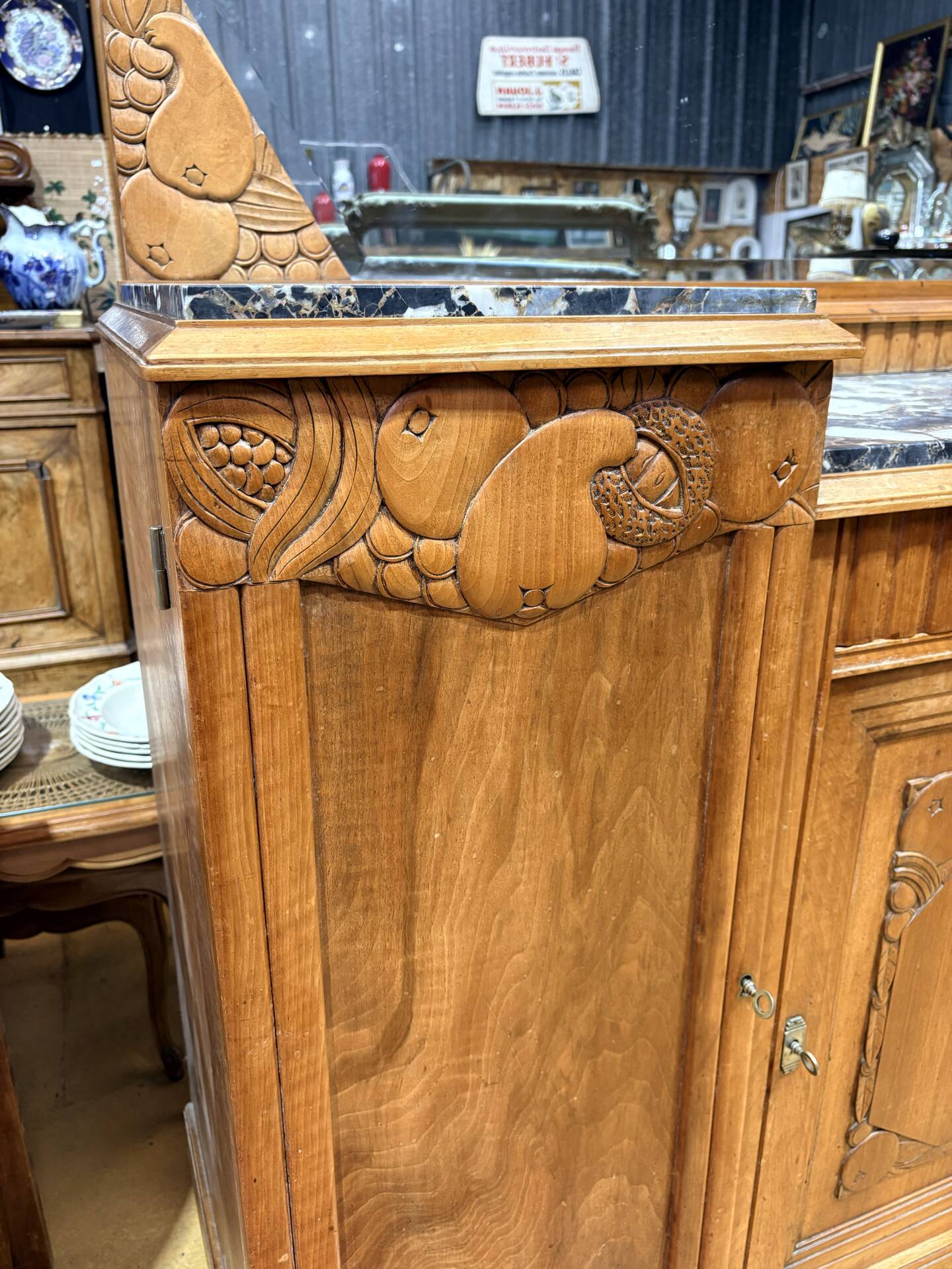 Art Deco buffet in carved walnut, marble and large mirror – 1930s