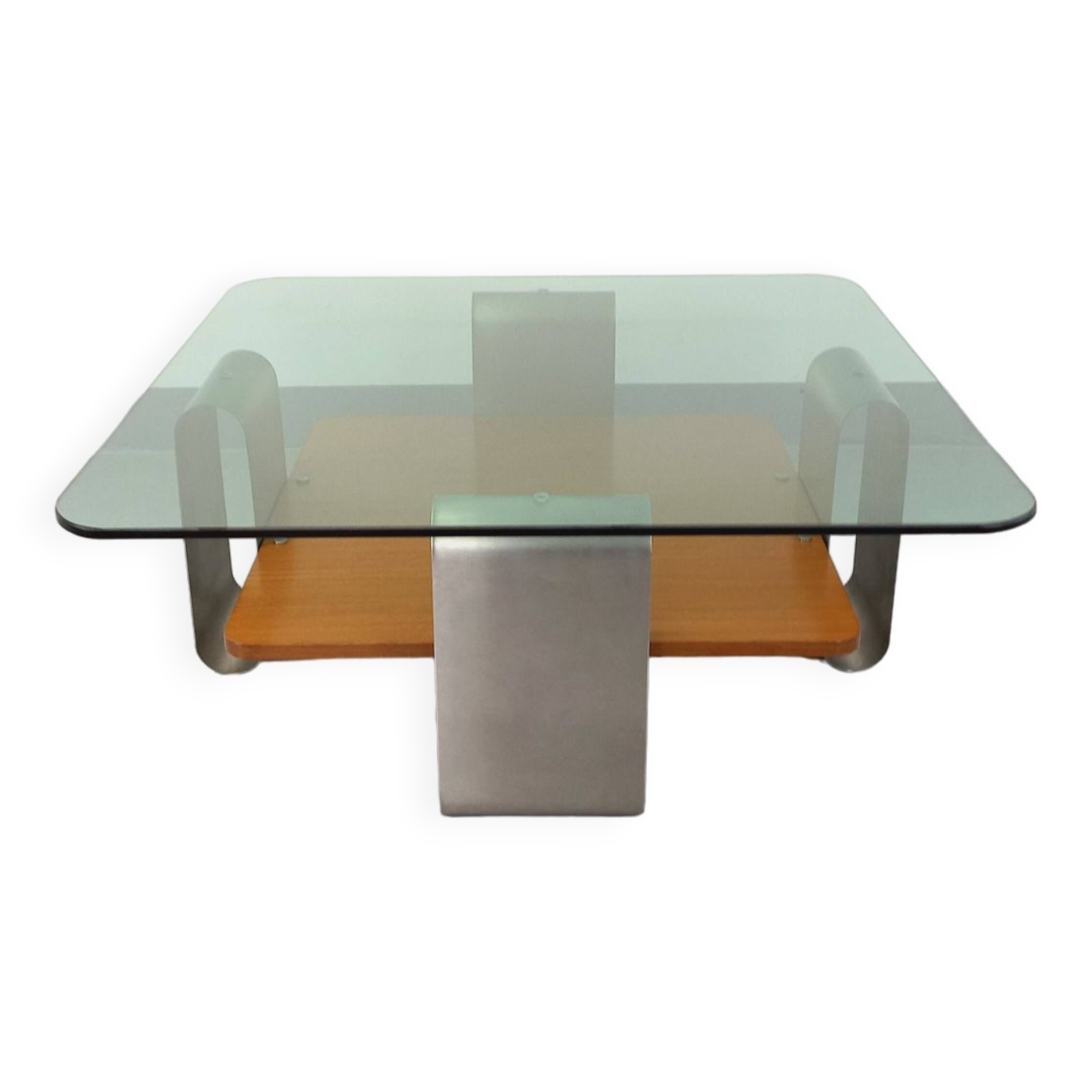 Square coffee table with 2 trays, vintage Space Age style from the 70s, in bluish smoked glass, teak