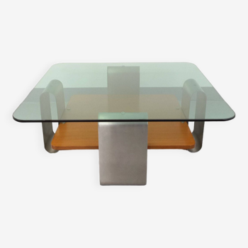 Square coffee table with 2 trays, vintage Space Age style from the 70s, in bluish smoked glass, teak