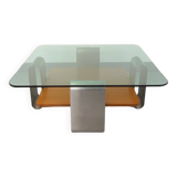Square coffee table with 2 trays, vintage Space Age style from the 70s, in bluish smoked glass, teak