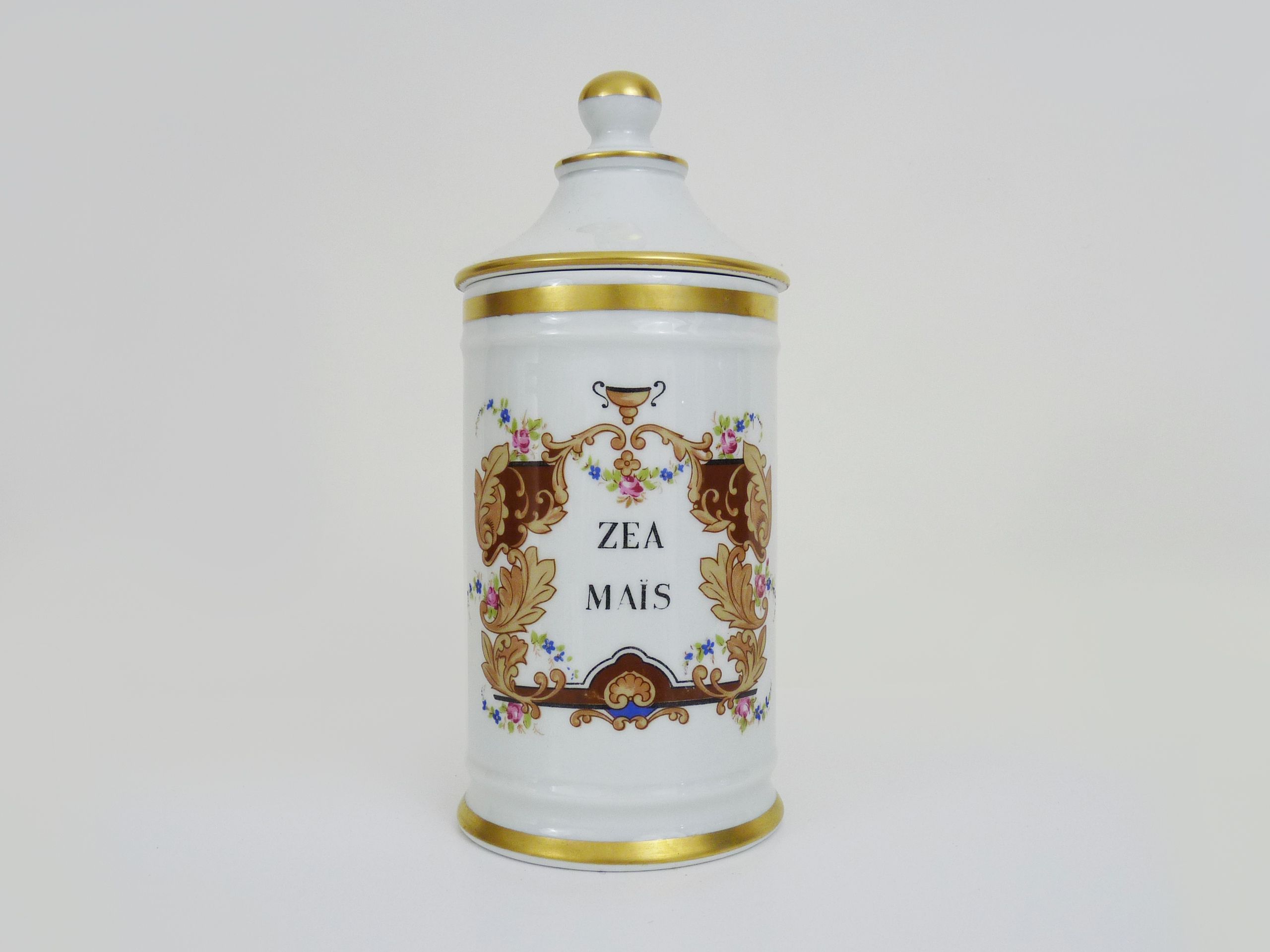 Old apothecary pot, made of snake porcelain, painted by hand. Year 60