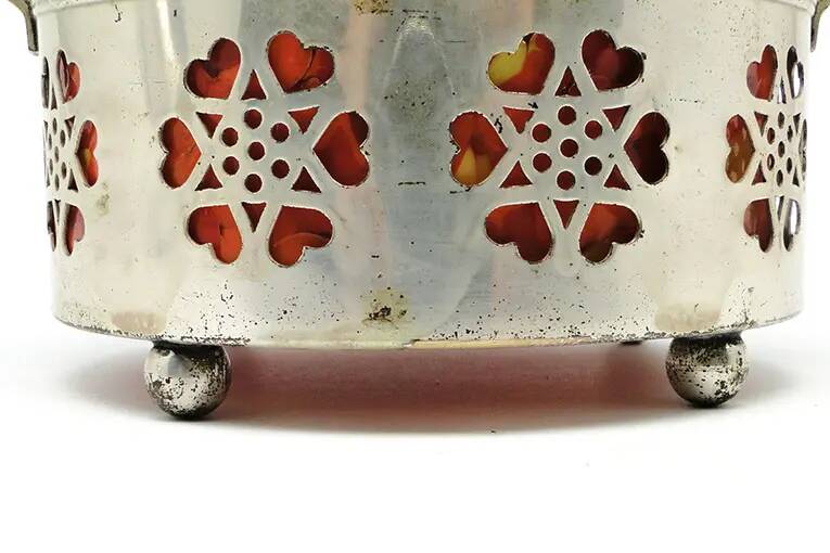 Art Nouveau sugar bowl, silver-plated brass, orange glass, Germany, early 20th century