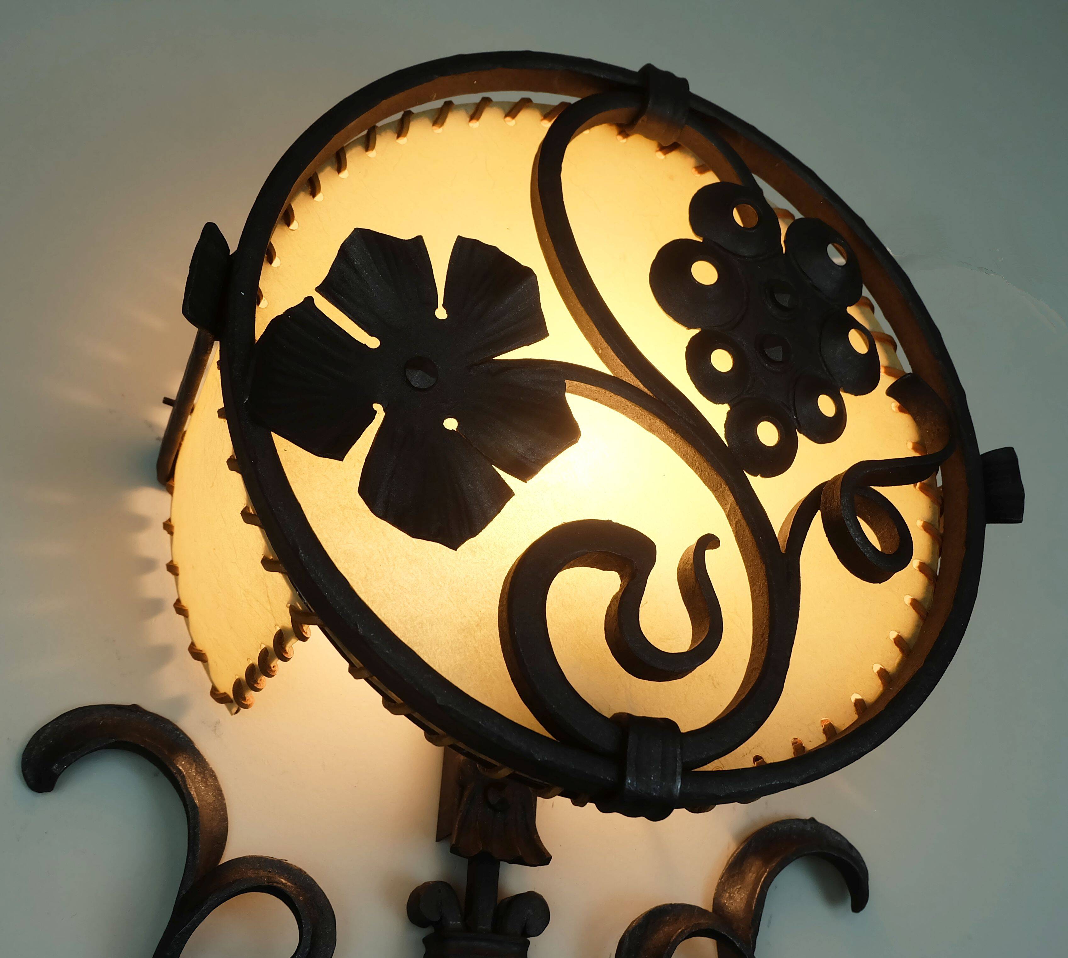 1970s WALL LAMP wrought iron and parchment koch & sons brutalist rustic