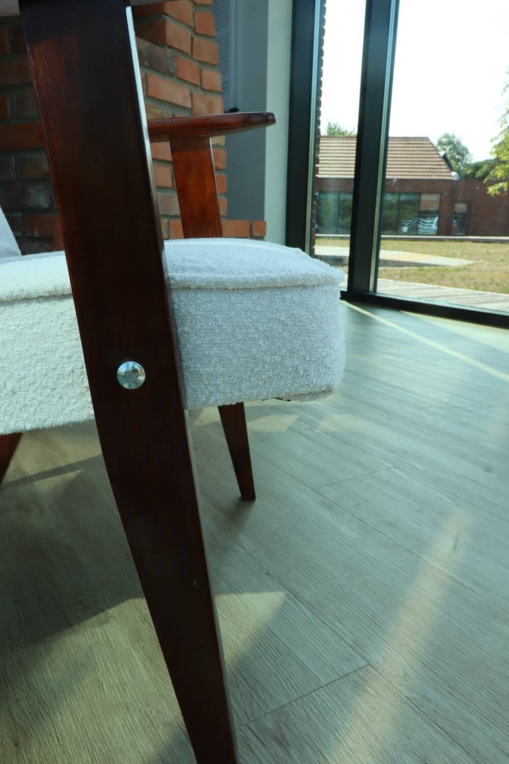 Scandinavian armchair snow white boucle dark walnut wood colour design by Chierowski 366 model