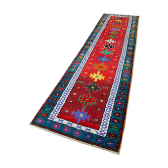 Hand-Knotted Rustic Turkish Red Runner Carpet 88 cm x 371 cm
