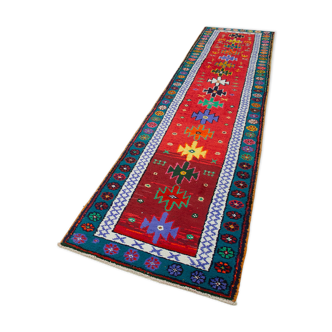 Tapis rouge turc rustique noué à la main 88 cm x 371 cm