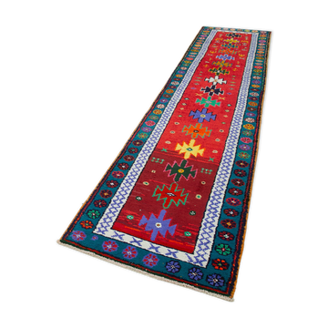 Hand-Knotted Rustic Turkish Red Runner Carpet 88 cm x 371 cm