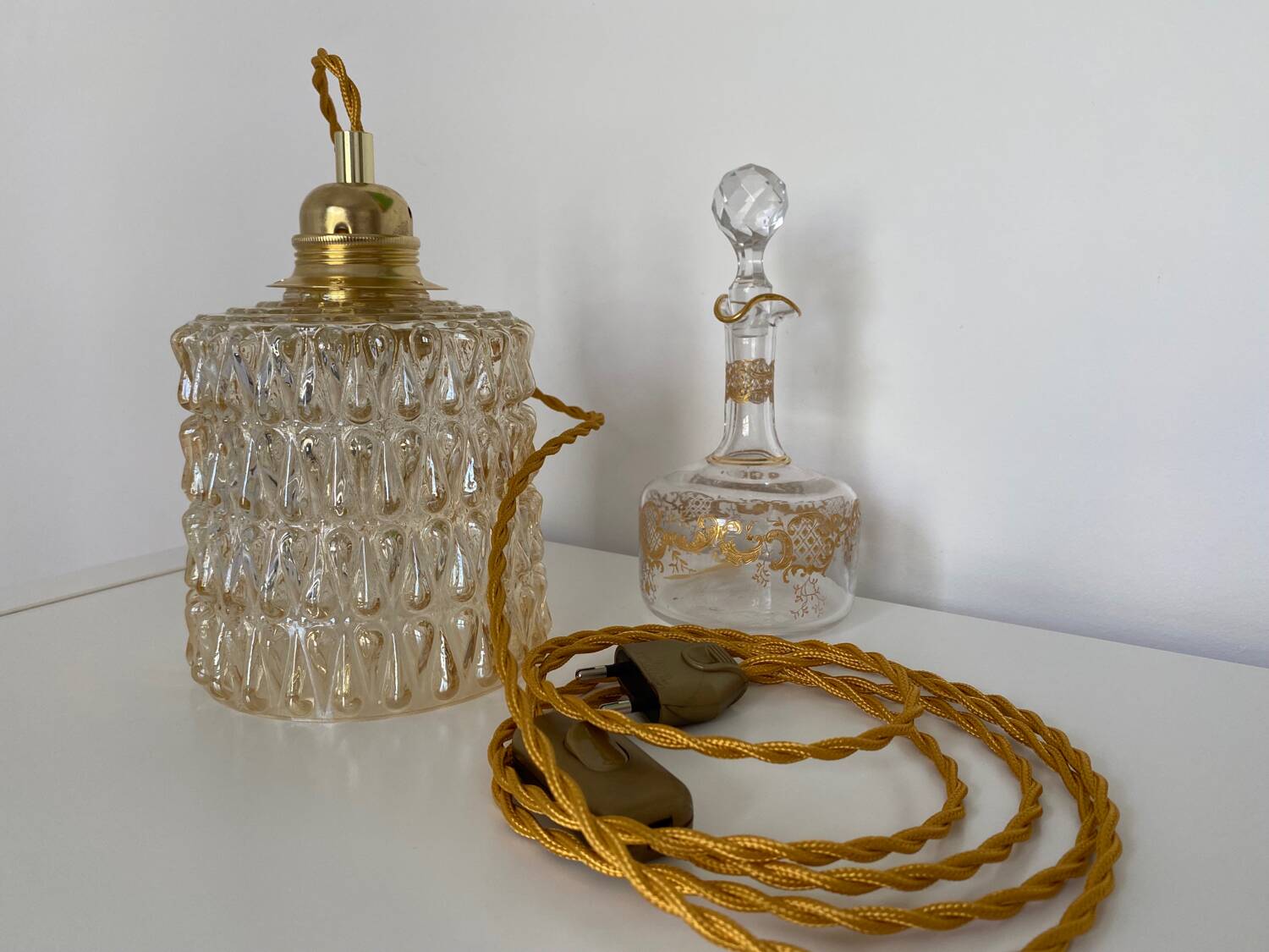 Walking lamp (or pendant light) with vintage amber glass globe