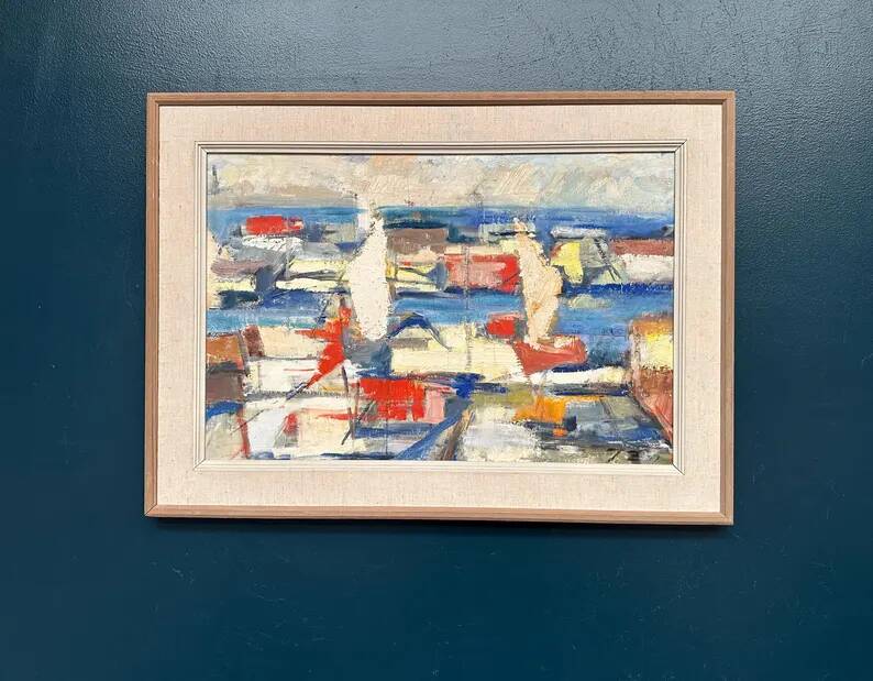 Original Swedish Oil on Canvas - "Abstract Harbour Motif" vintage