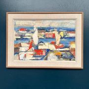 Original Swedish Oil on Canvas - "Abstract Harbour Motif" vintage