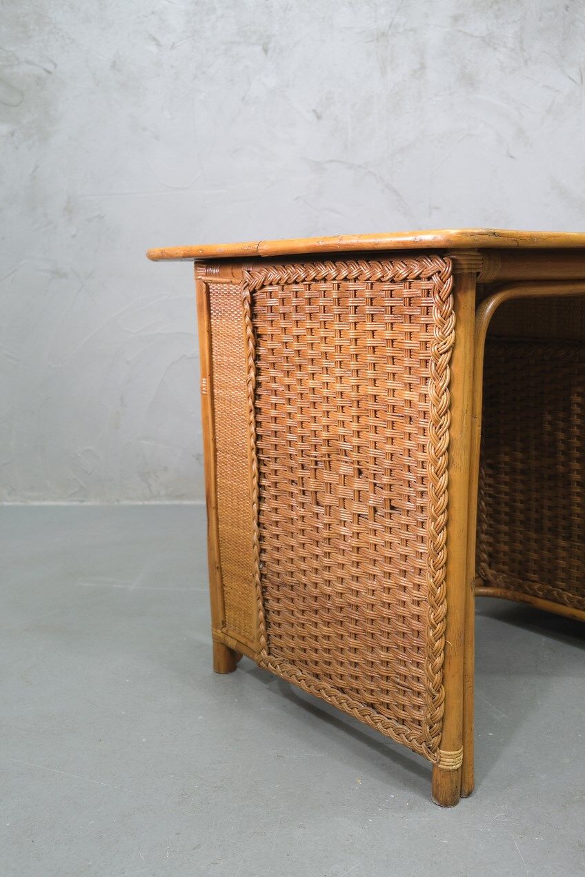 Mid-century italian bamboo, rattan and teak desk, 1960s