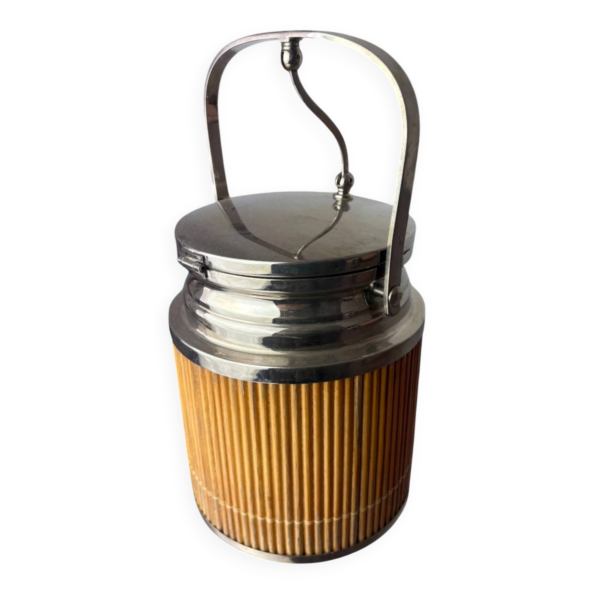 Hollywood Regency rattan ice bucket with tongs, Italy, 1970