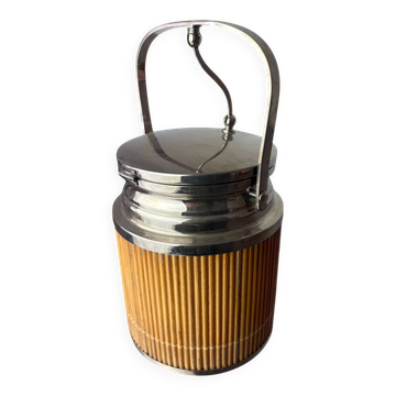 Hollywood Regency rattan ice bucket with tongs, Italy, 1970