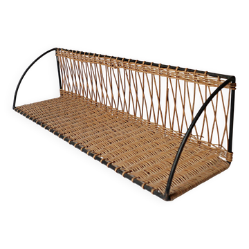 Vintage metal and wicker wall shelf, 1950s-1970s design, Mategot