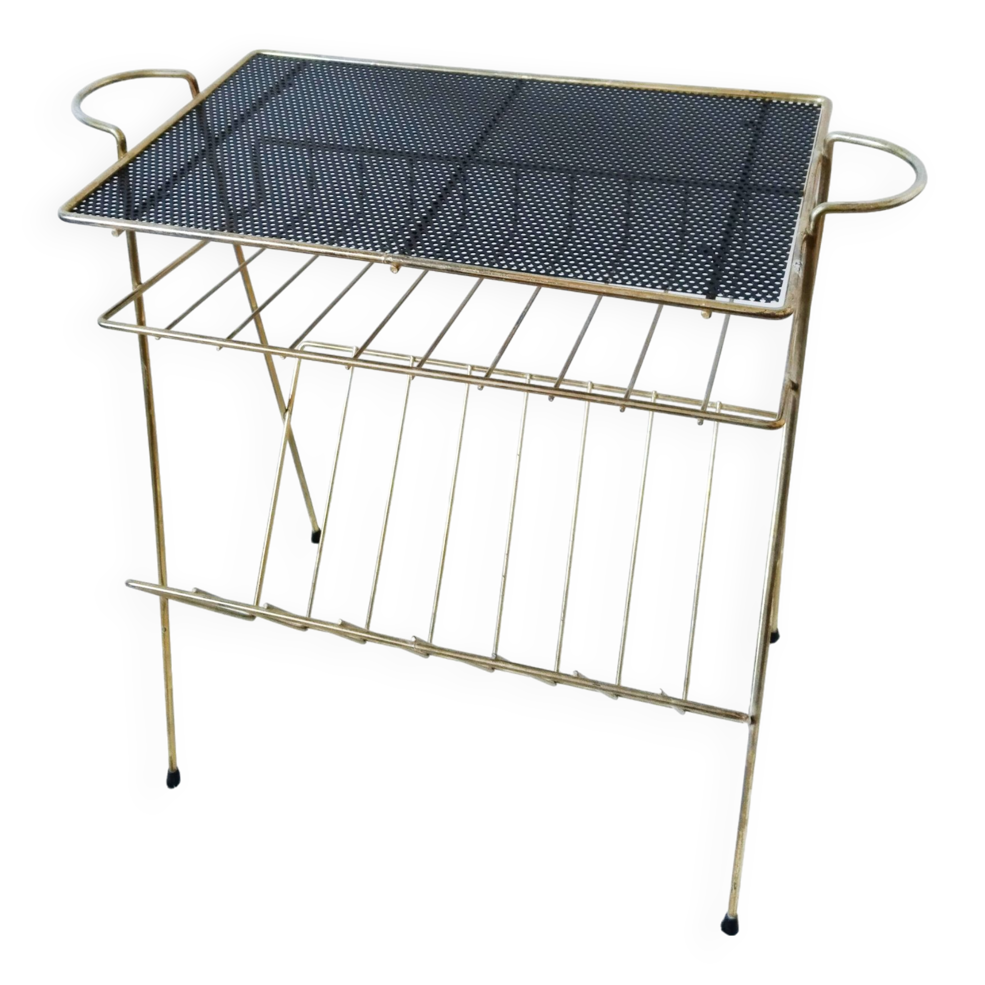 Vinyl record table, record player, magazine rack, 1950s