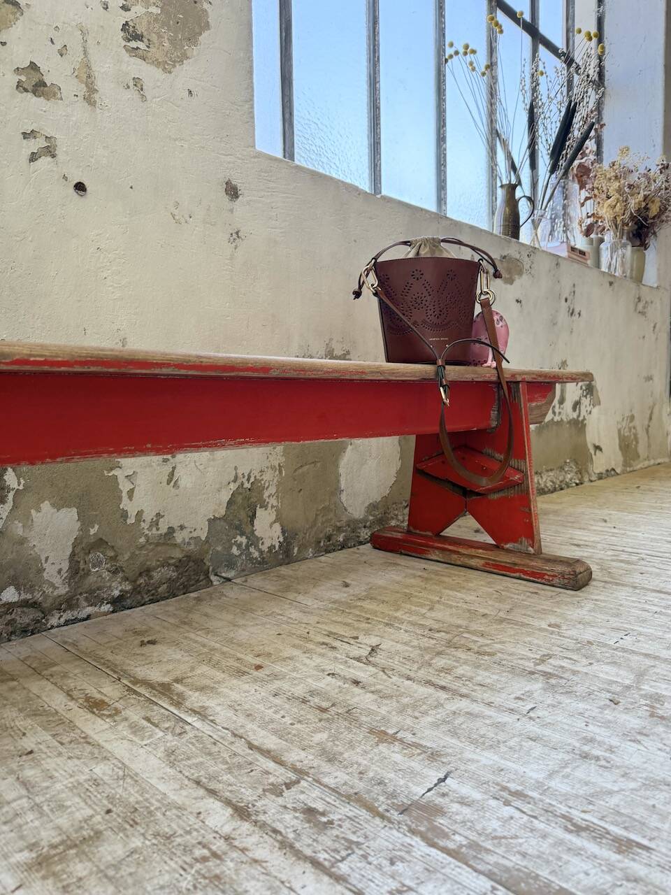 1950s oak bench with red patina, 2m
