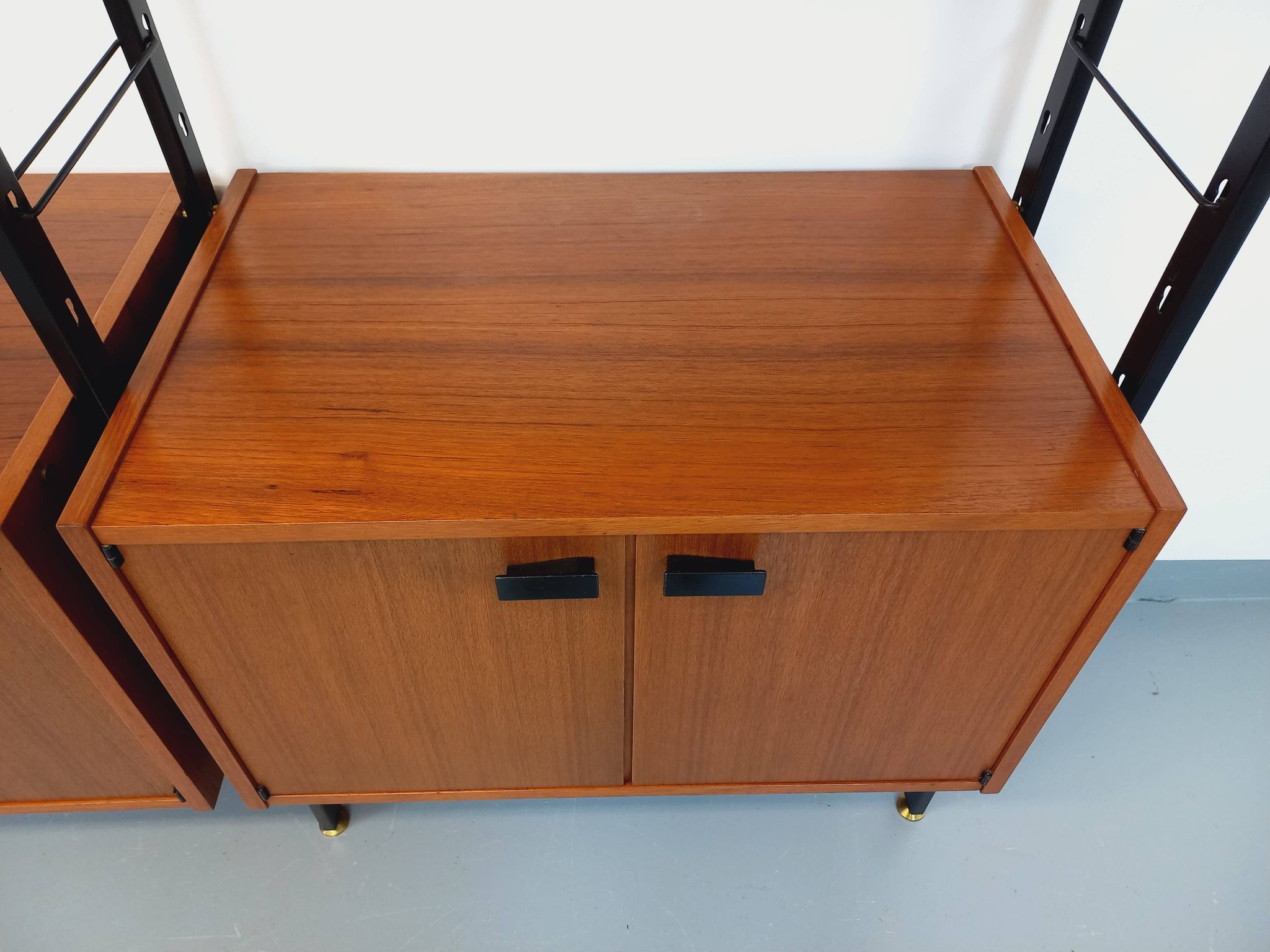 Vintage Italian double modular shelf bookcase in teak and metal