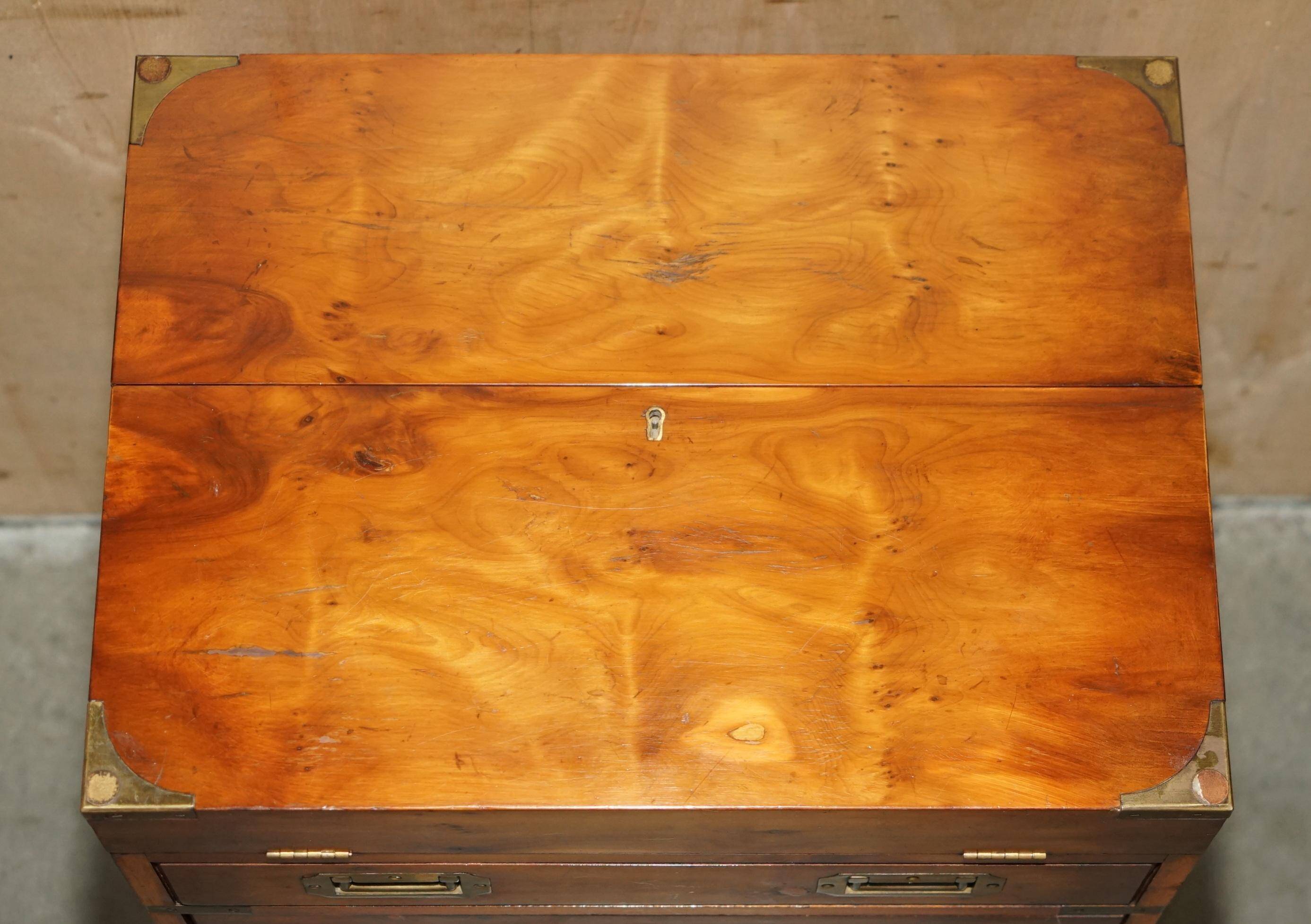 Military desk Harrods in Burr Yew wood with leather, country style.