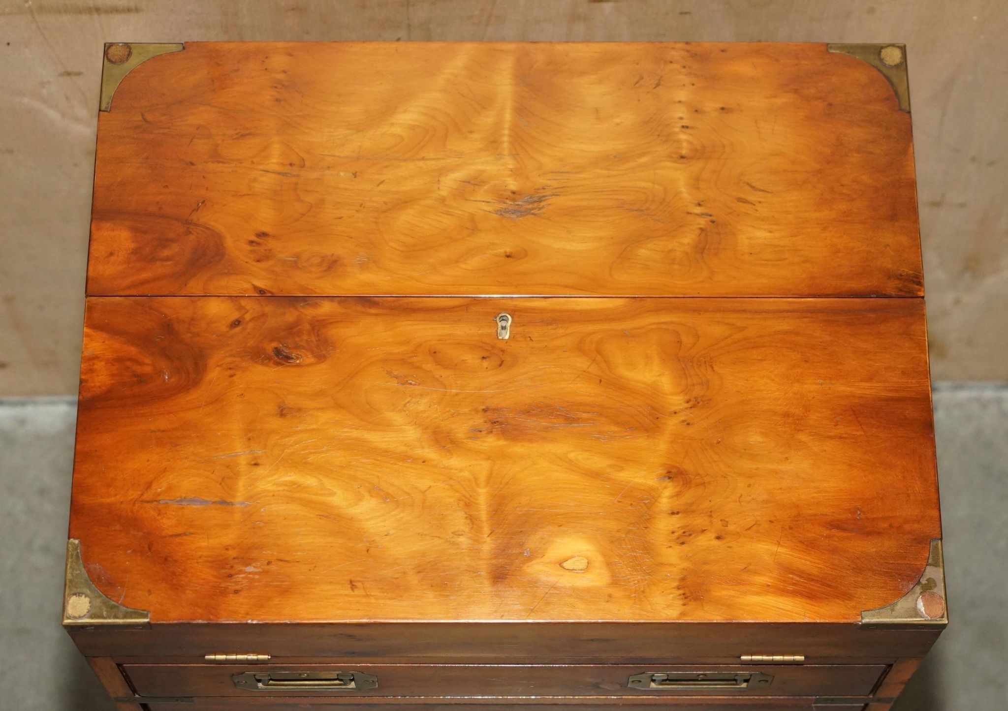 Military desk Harrods in Burr Yew wood with leather, country style.
