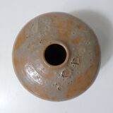 Ancien vase boule en grès texturé design brutaliste vintage signé