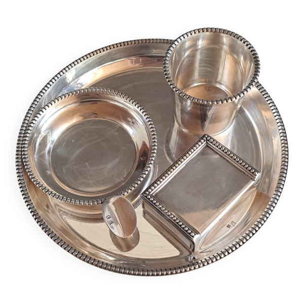 Nécessaire de fumeur ou de bureau  vintage en métal argenté – 4 pièces