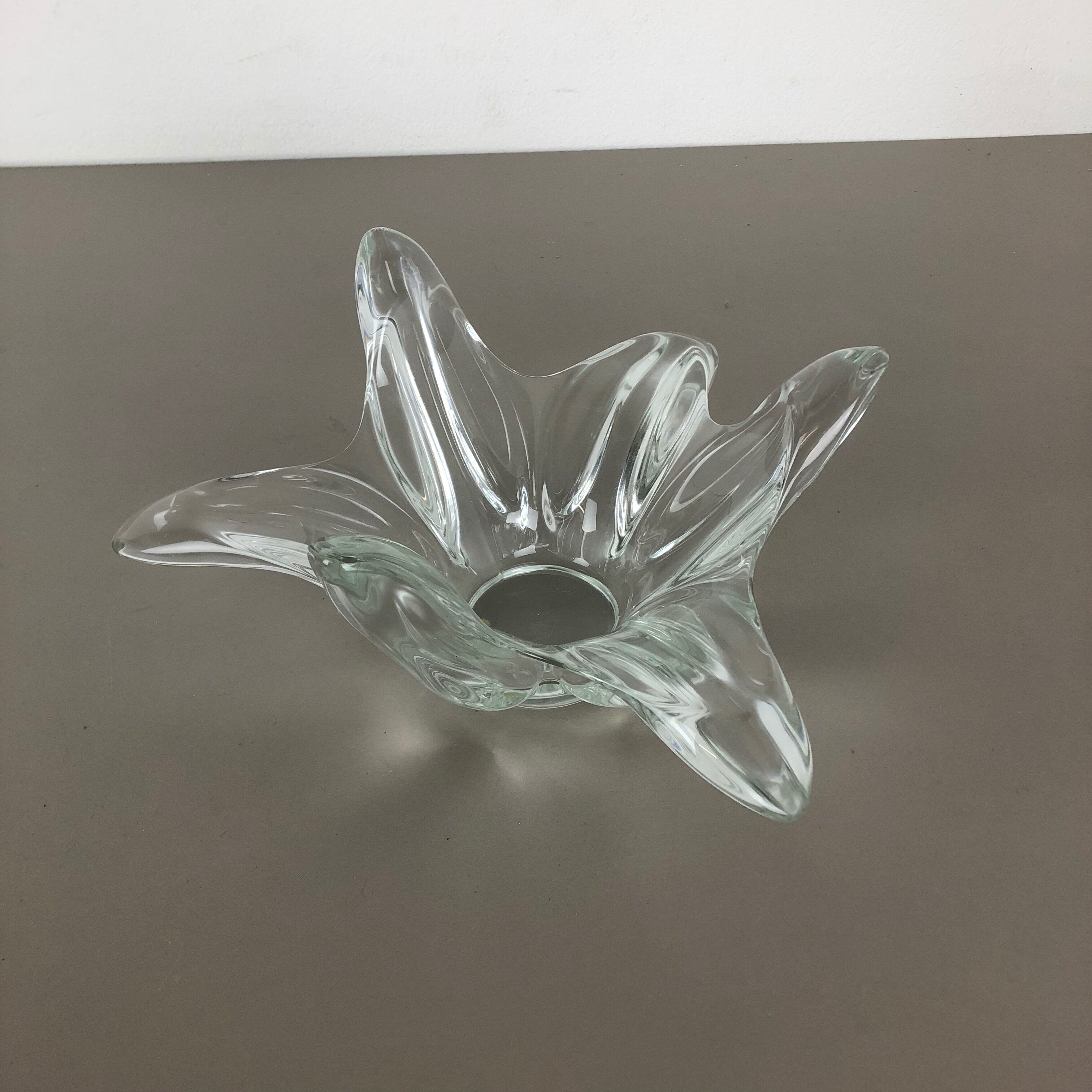 Large French Floral Crystal Glass Shell Bowl by Art Vannes, France, 1970s