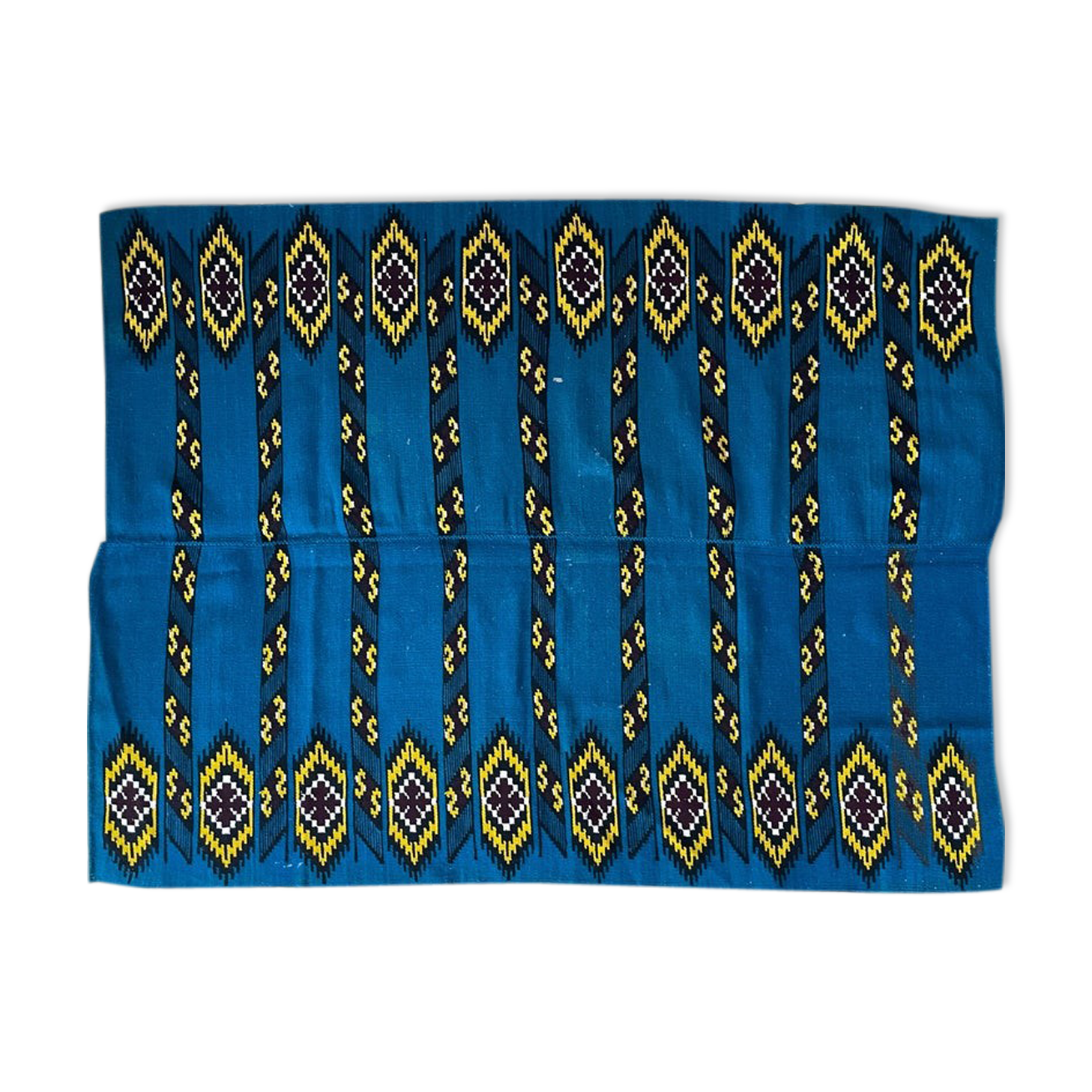 Romanian handwoven carpet with blue ground and yellow details