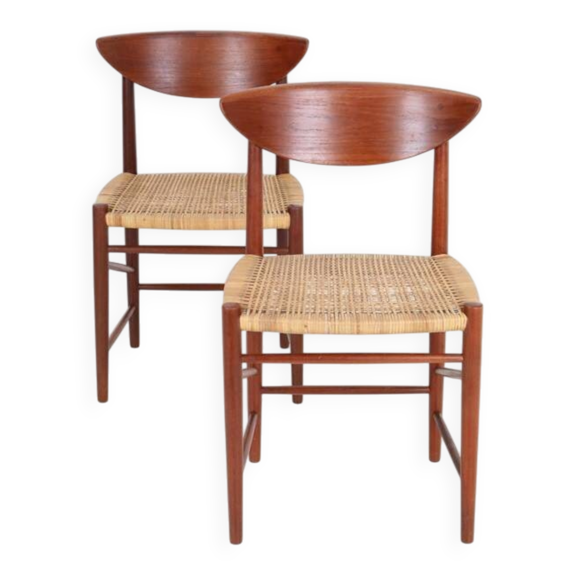 Set of 2 “316” teak/rattan chairs by Peter Hvidt & Orla Mølgaard Nielsen for Søborg Møbler / 1960s