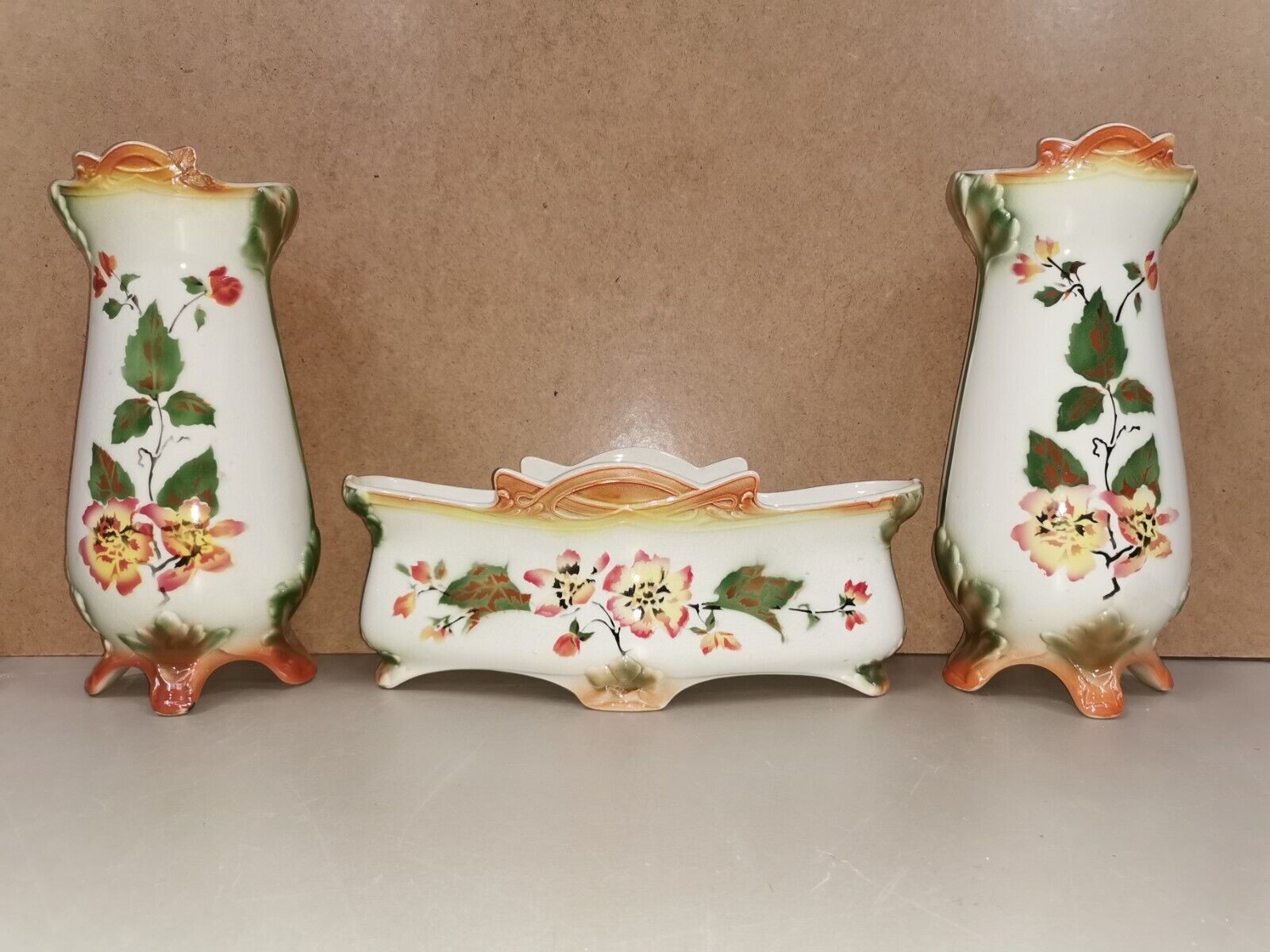 Pair of Vases + Planter Art Nouveau Barbotine / Faience