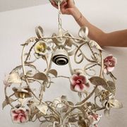 Hand-forged vintage pendant lamp with porcelain roses, Denz Neheim Hüsten