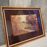 Old painting, watercolor on silk, representing a banana plantation with two Creole houses