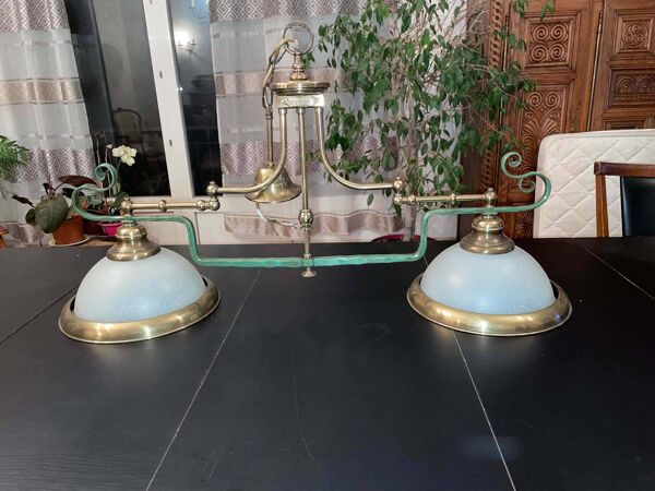 ​Lustre Billard Art Déco / Industriel Ancien - Laiton et Opaline ''Virginia