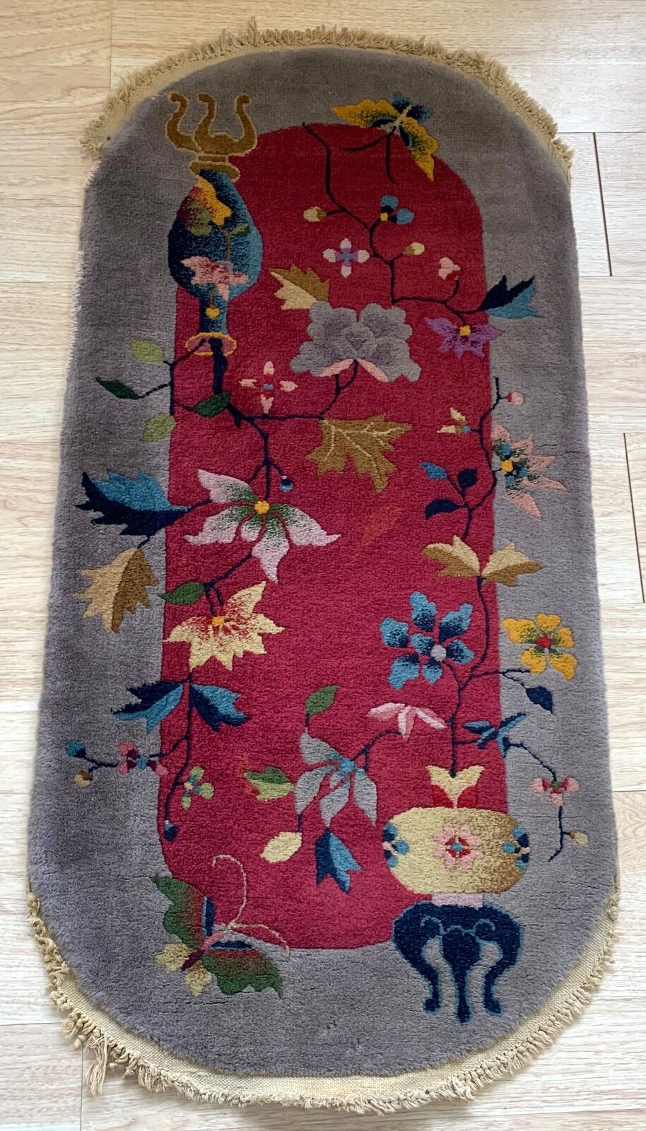 Antique Chinese carpet Art Deco handmade 64cm x 120cm 1920s, 1B876