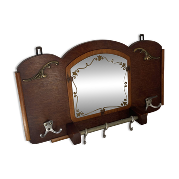 Wall-mounted coat rack in wood and mirror
