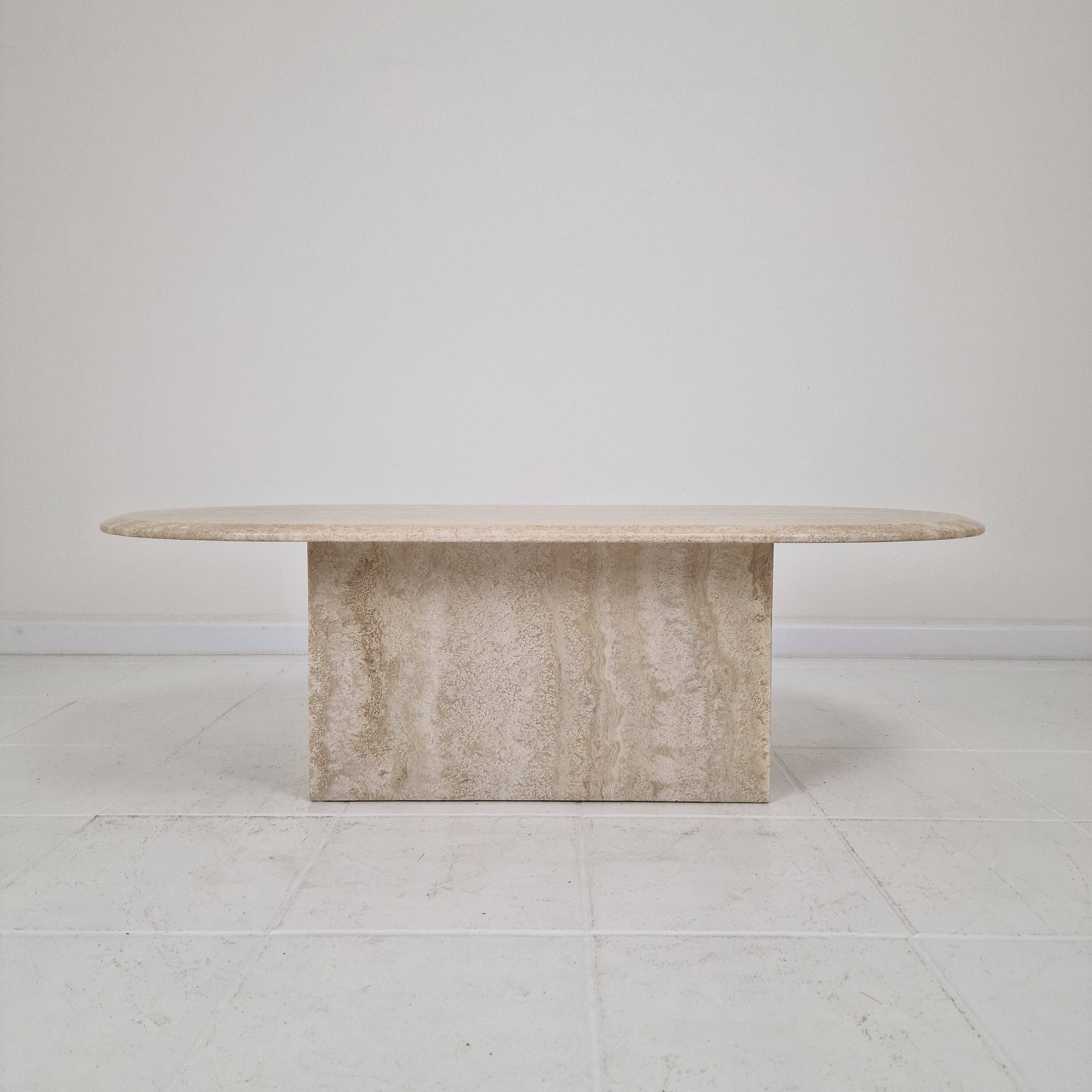 Italian Oval Travertine Coffee Table – Natural Elegance with Sculptural Sty