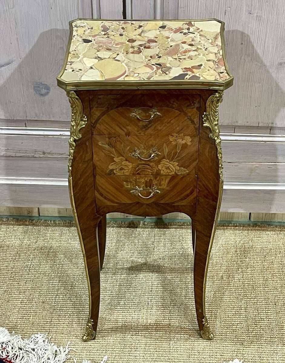 Louis XV style bedside table in rosewood and oak from the 70s with marble top