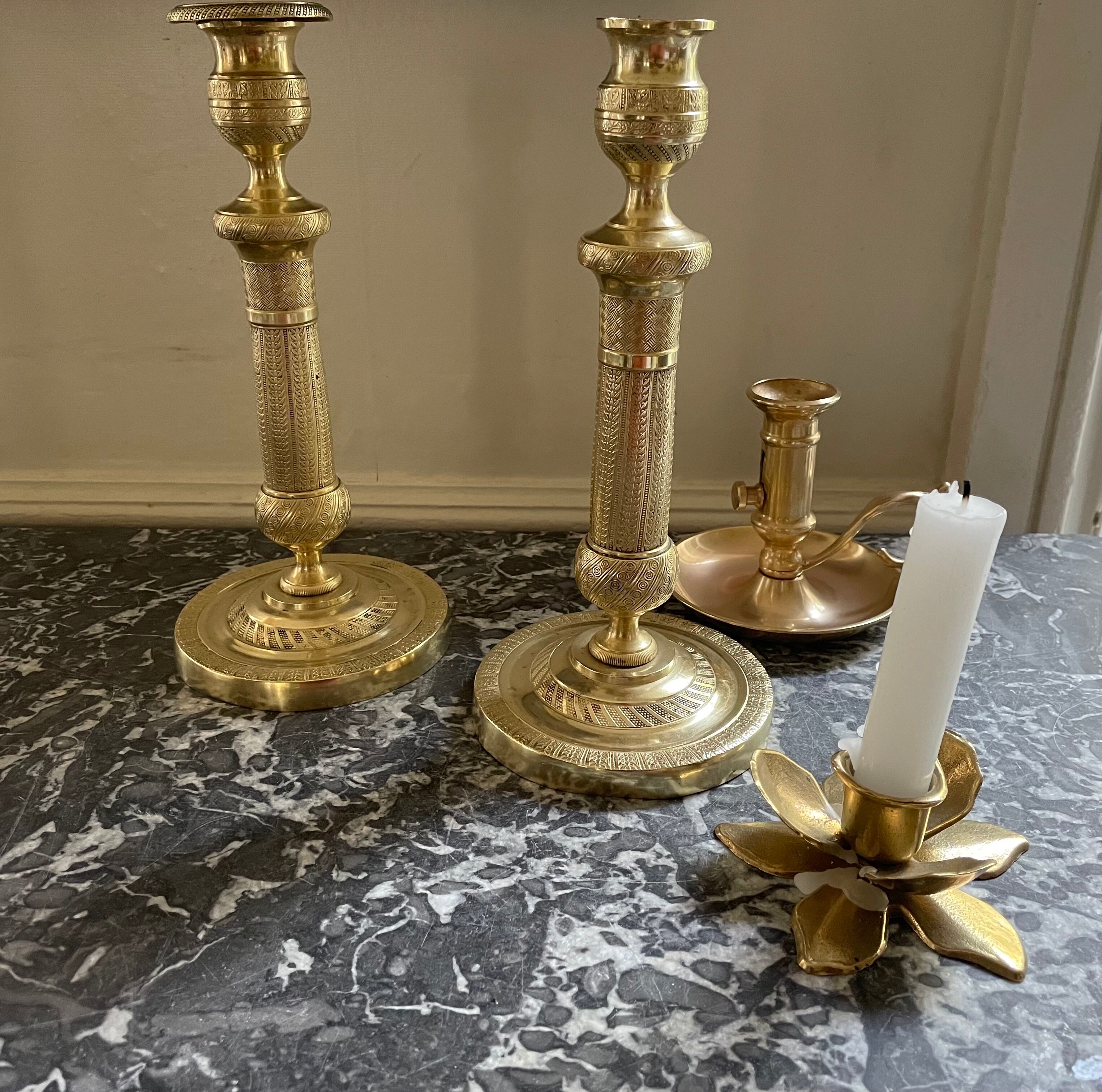 Pair of torch candle holders in chiseled gilded bronze XIXEME