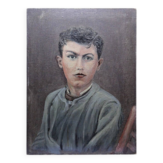 Grand portrait ancien, huile sur toile, jeune homme en blouse d'écolier XIX