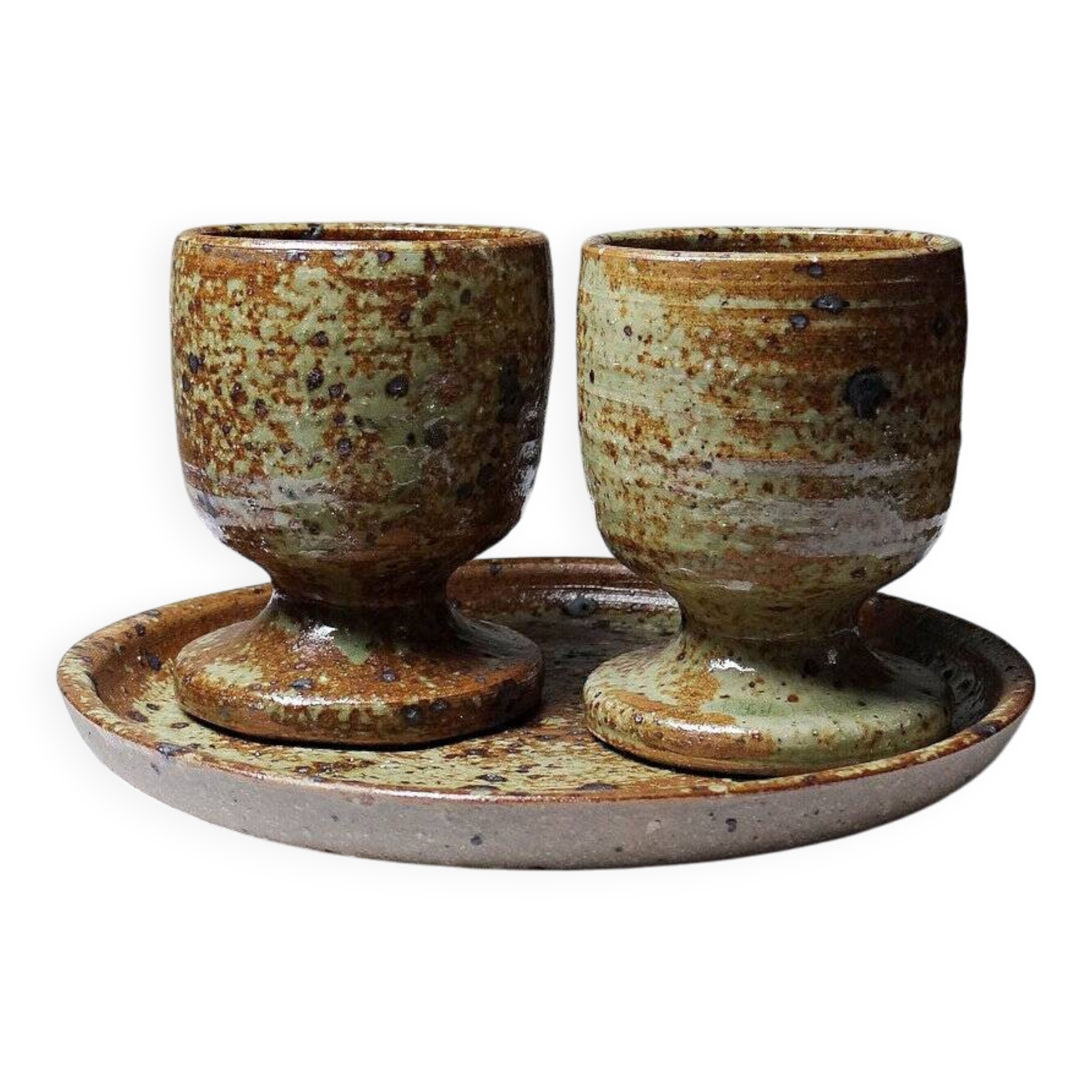 Coffee set for 2 cups with a vintage tray in pyrite stoneware, Baudat style from La Borne.