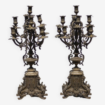 Pair of five-armed bronze candelabra, bronze candlestick, fireplace trim, decoration, 19th century