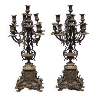 Pair of five-armed bronze candelabra, bronze candlestick, fireplace trim, decoration, 19th century