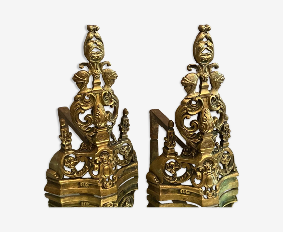 Paire de chenets à décor de heaumes chevaliers armure époque Restauration XIXe