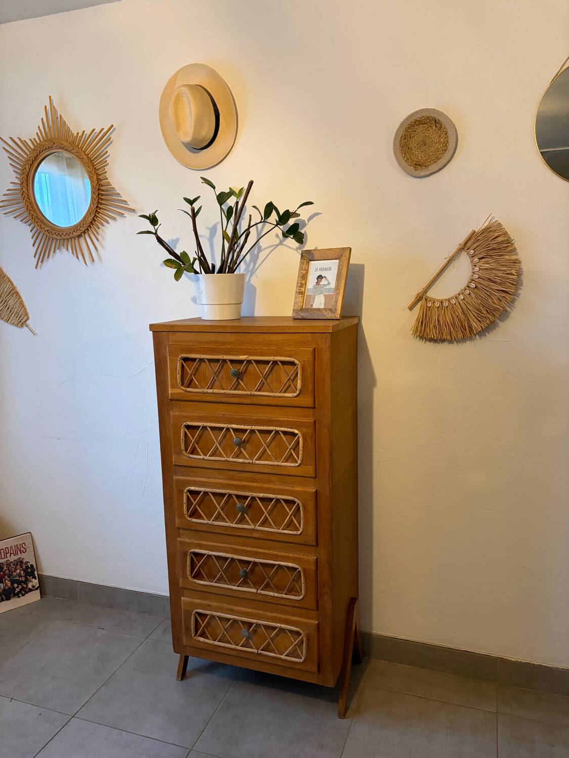 Vintage oak and rattan chest of drawers